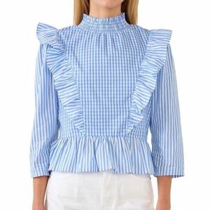 English Factory Blue Gingham Ruffle Peplum Top